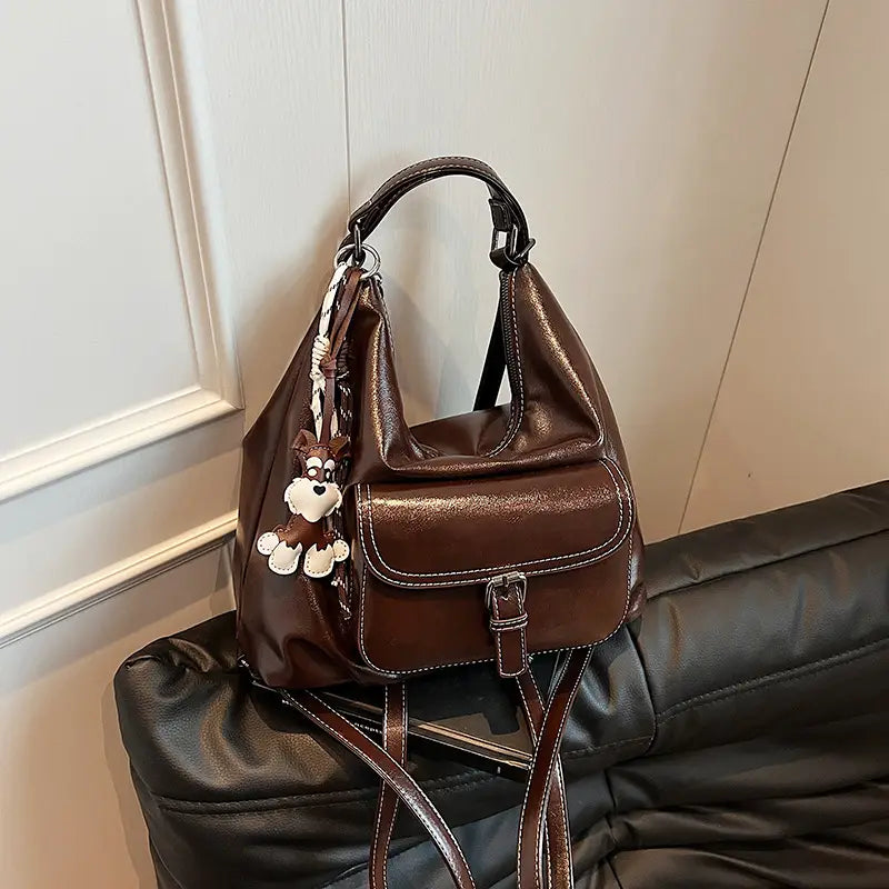 Retro brown shoulder tote bag with pendant imported quality