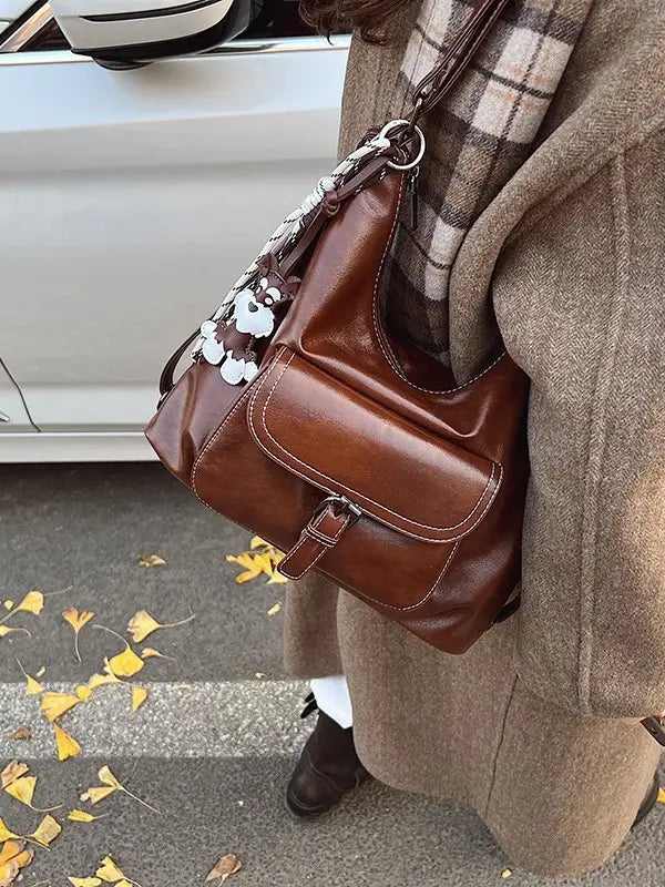 Retro brown shoulder tote bag with pendant imported quality