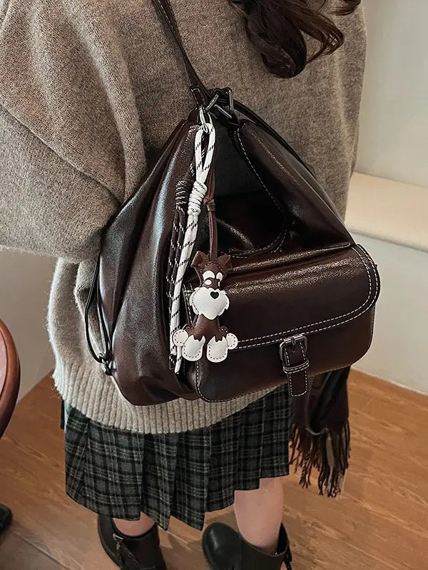 Retro brown shoulder tote bag with pendant imported quality