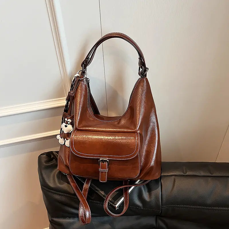 Retro brown shoulder tote bag with pendant imported quality