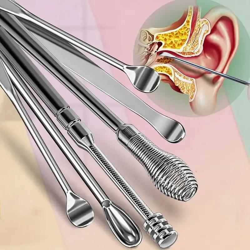 Portable ear cleaning kit with stainless steel tool and leather case