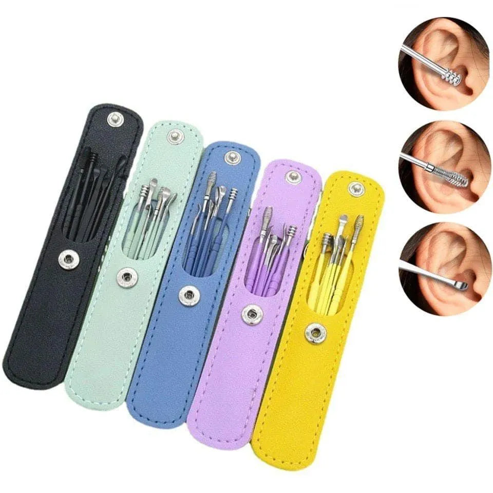Portable ear cleaning kit with stainless steel tool and leather case
